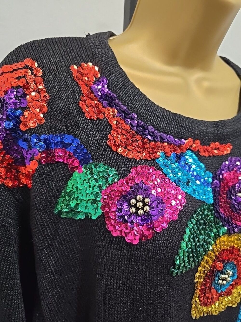 90's Floral Sequin Black Tunic Sweater Women's 2X Sparkle Glam Maximalist Whimsy